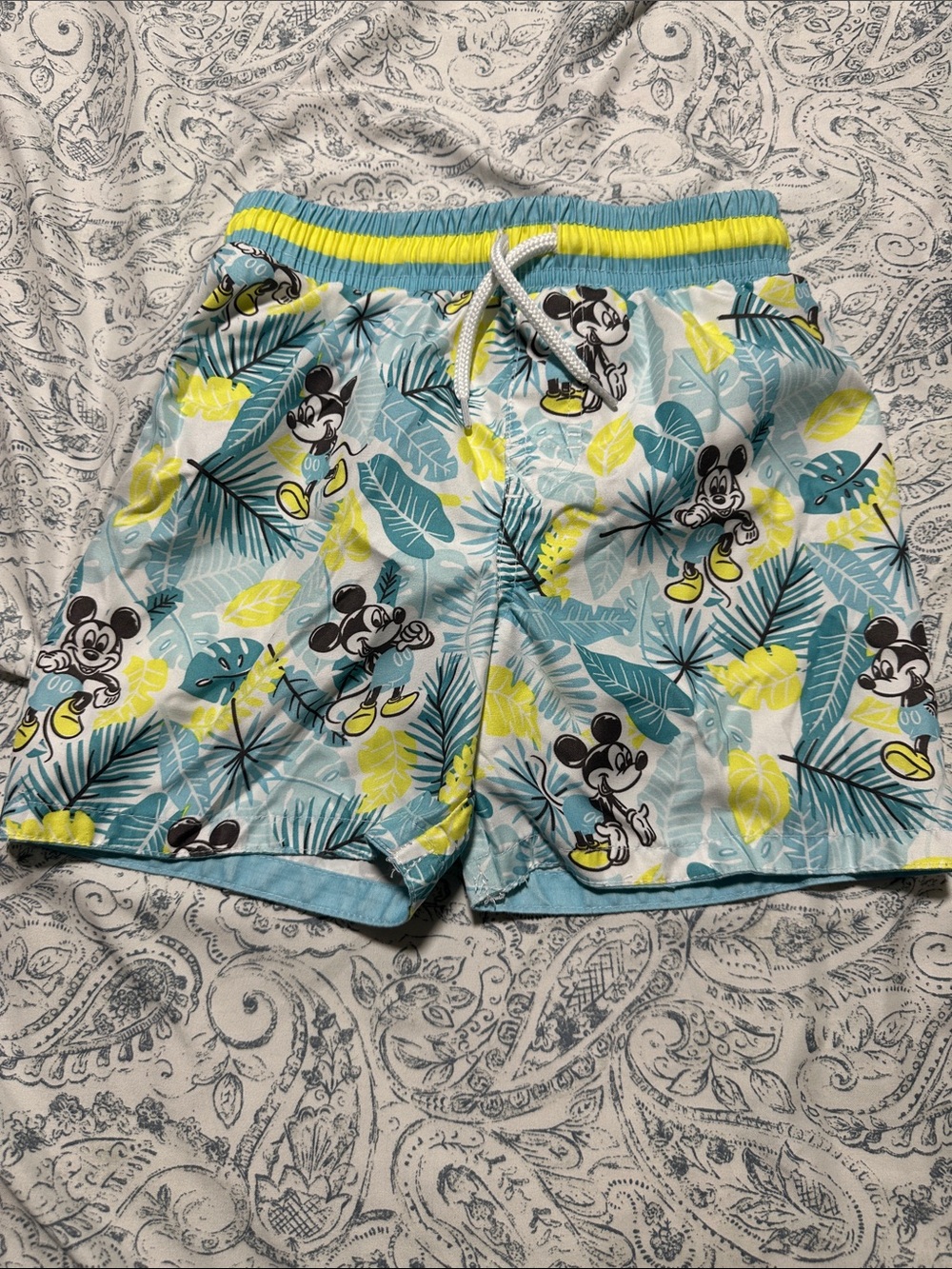 Men's Tropical Print Swim Shorts with Cartoon Motif - Light Blue/Yellow